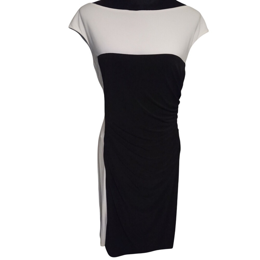 Ralph Lauren Black & White Colorblock Ruched Sheath Dress‎ Size 12 NWT